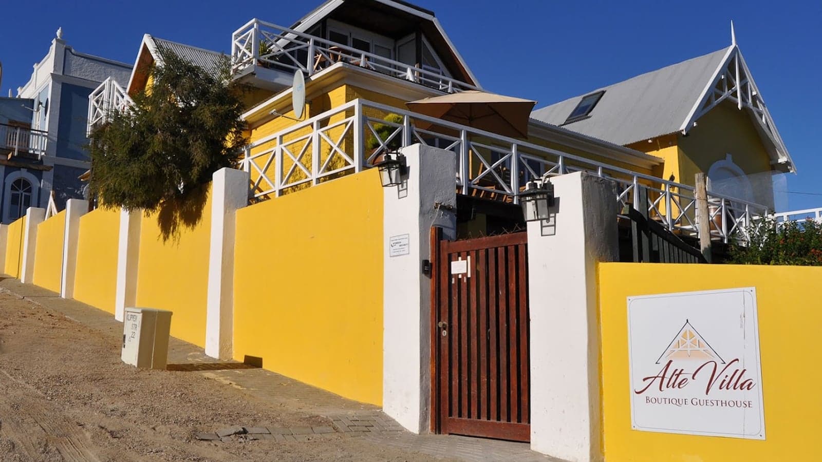 The restored Art Nouveau facade of Alte Villa Boutique Hotel in Lüderitz