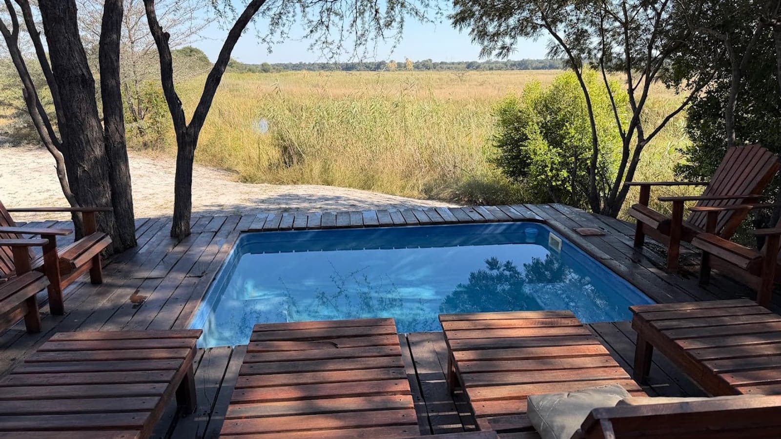 The pool deck overlooking the Kwando River floodplain at Camp Kwando