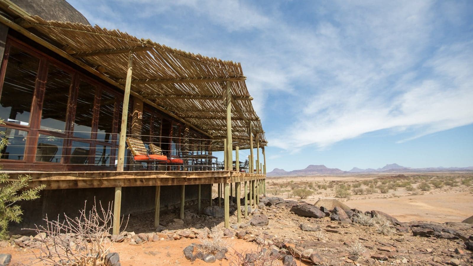 A shaded veranda overlooking the plains at Doro Nawas Camp, Damaraland