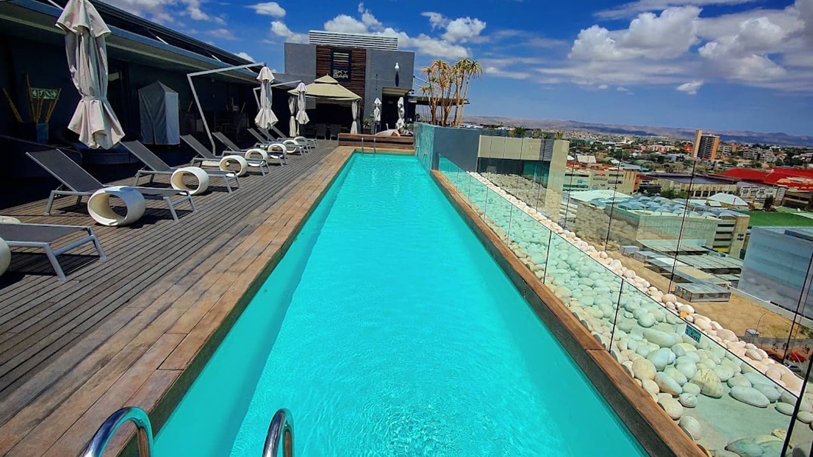 The rooftop pool and bar at Hilton Windhoek