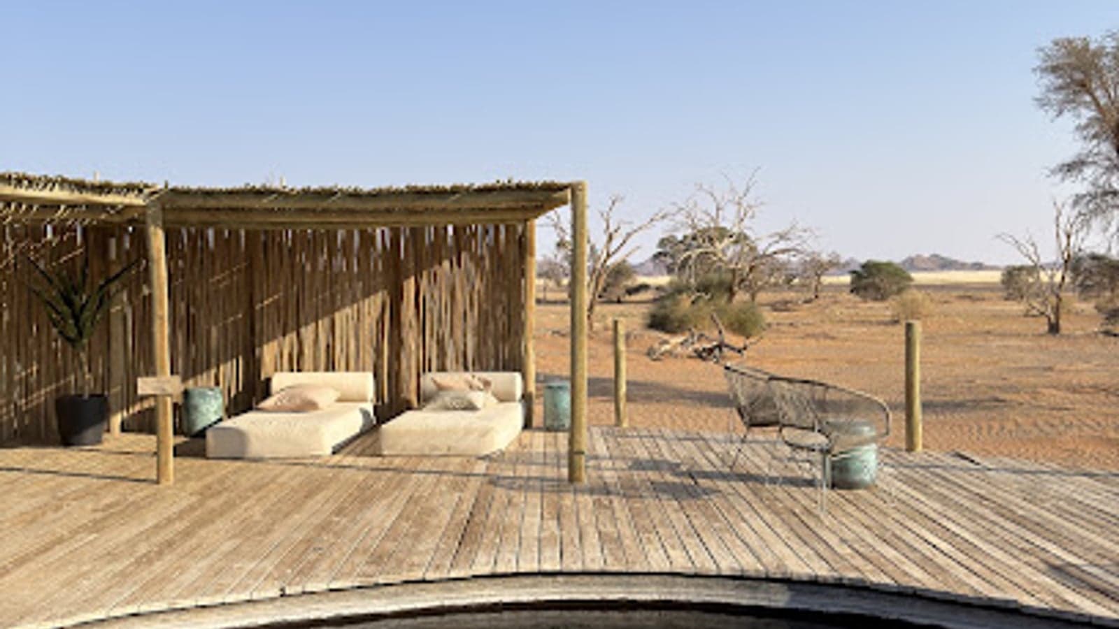 A shaded deck overlooking the Namib plains at Little Kulala, Sossusvlei