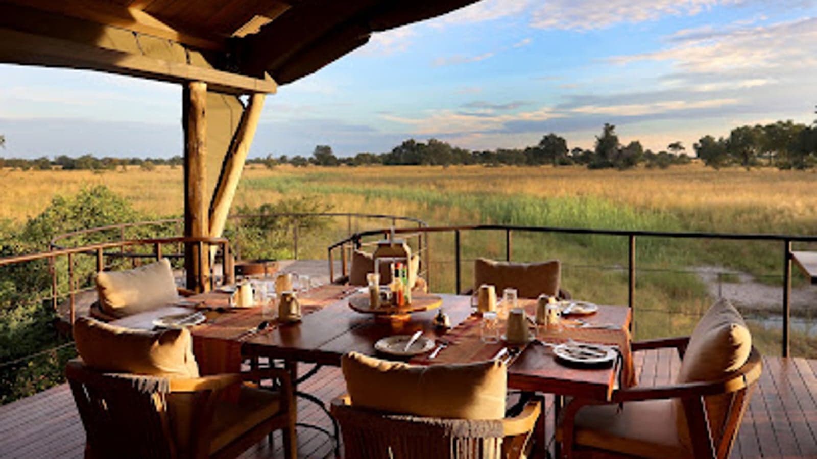 A dining deck overlooking the floodplain at Nkasa Lupala Tented Lodge