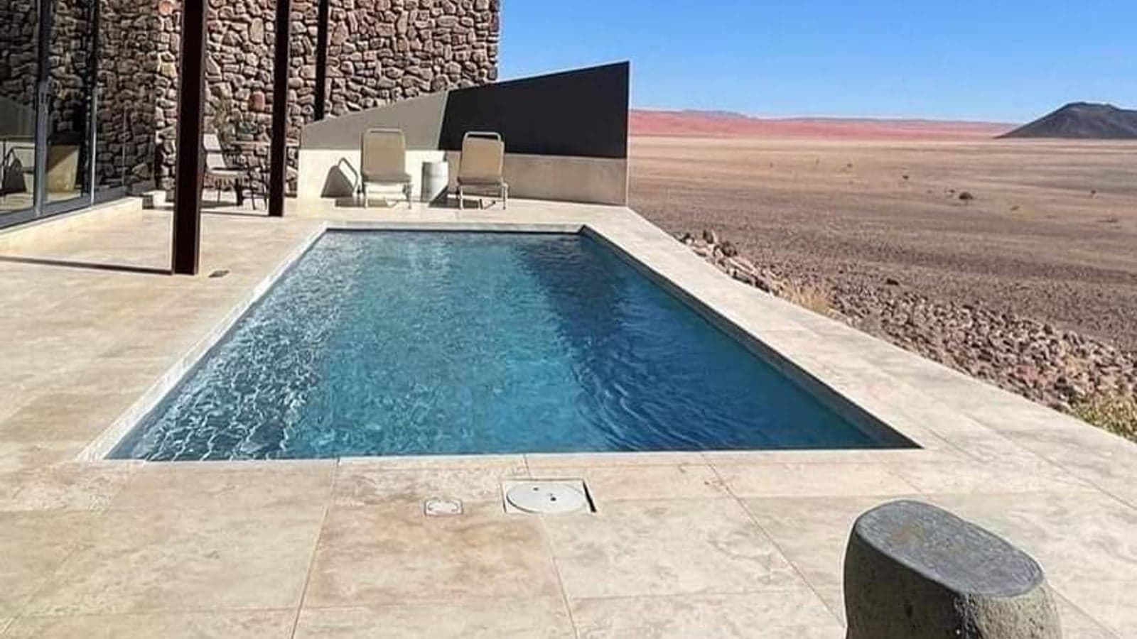The gate-side terrace and pool at Sossusvlei Lodge, Sesriem
