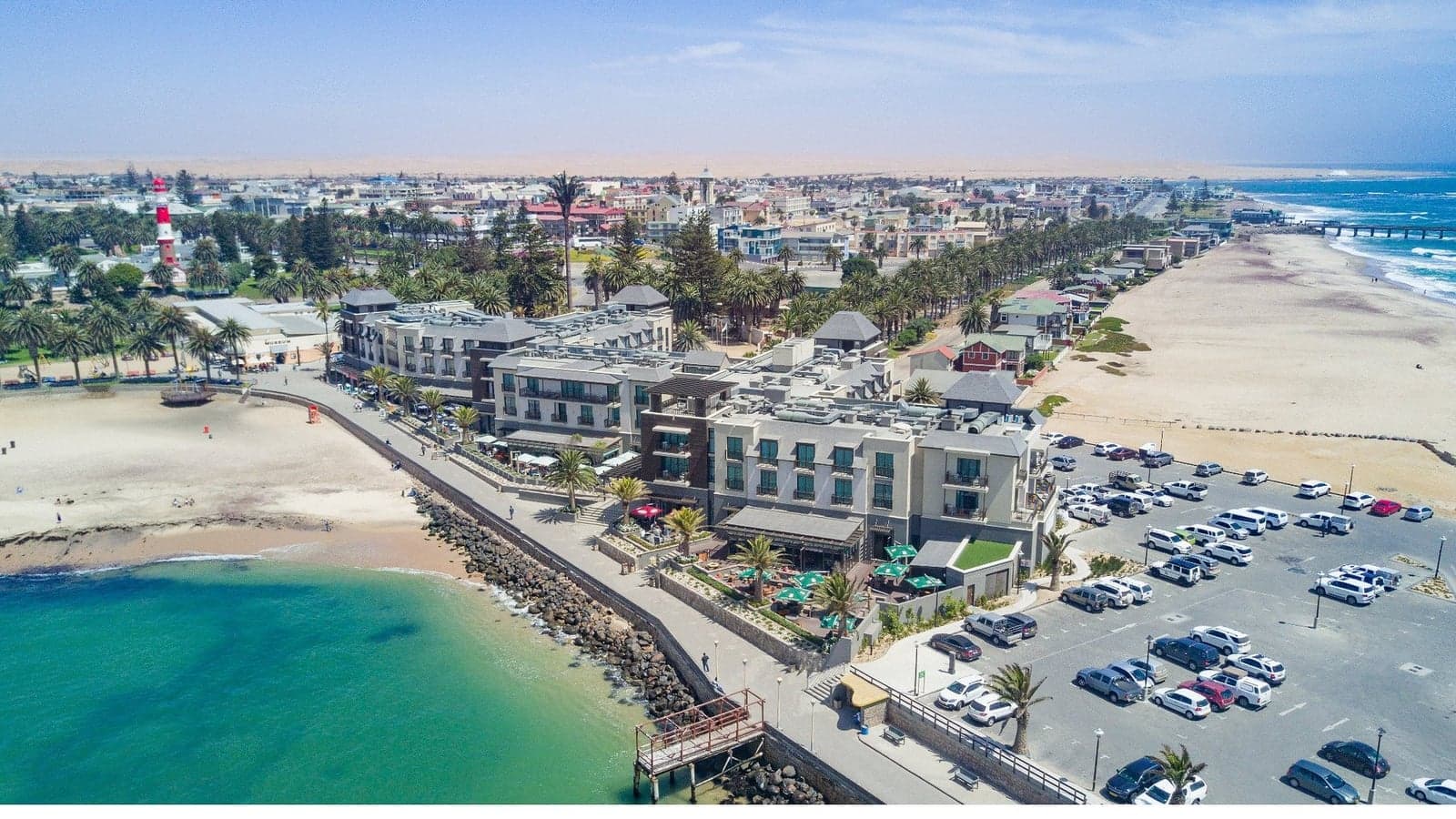 The oceanfront facade of Strand Hotel Swakopmund on the Mole