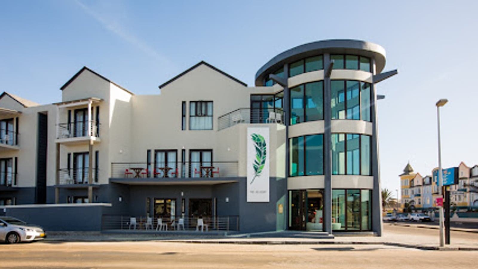 The contemporary facade of The Delight Swakopmund on the seafront