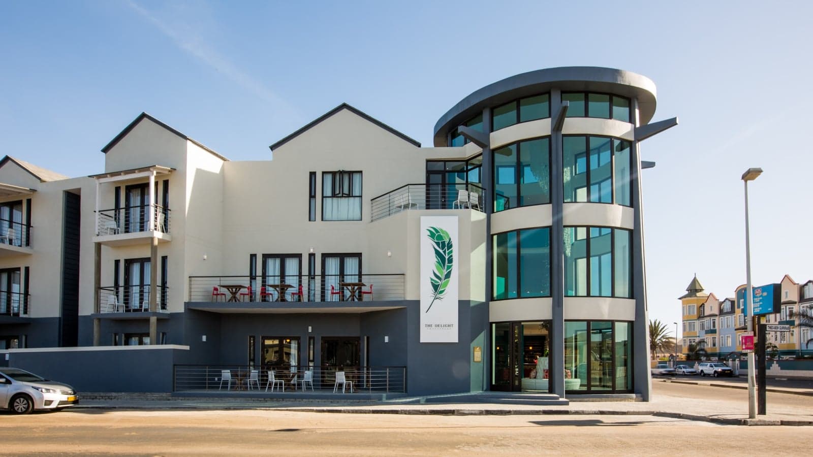 The contemporary facade of The Delight Swakopmund on the seafront
